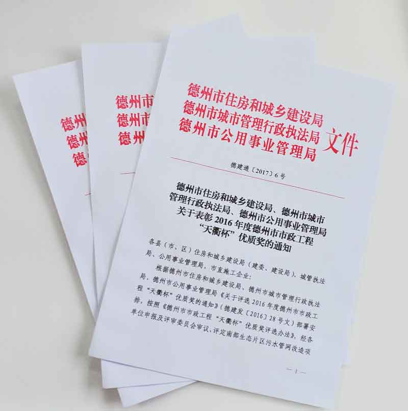 总公司两项工程双双荣获德州市建筑工程最高奖项——天衢杯