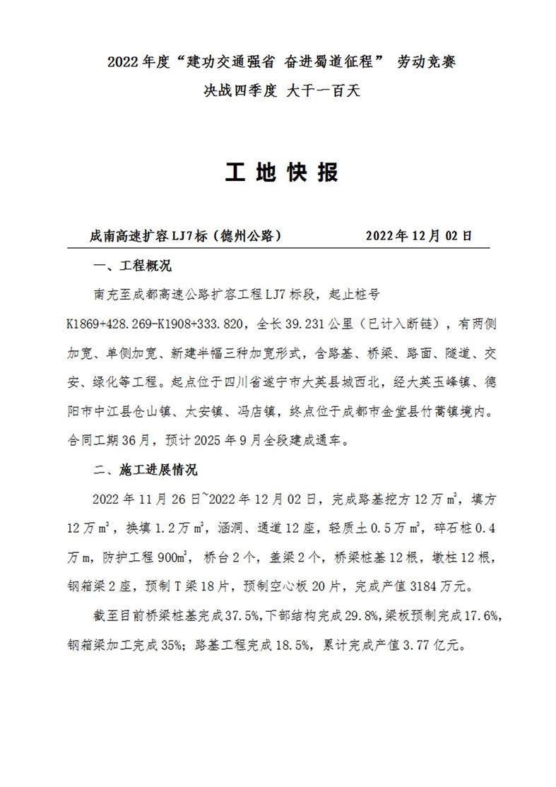 成南高速专题报道——2022年度“建功交通强省 奋进蜀道征程” 劳动竞赛 决战四季度 大干一百天（2022年12月2日）